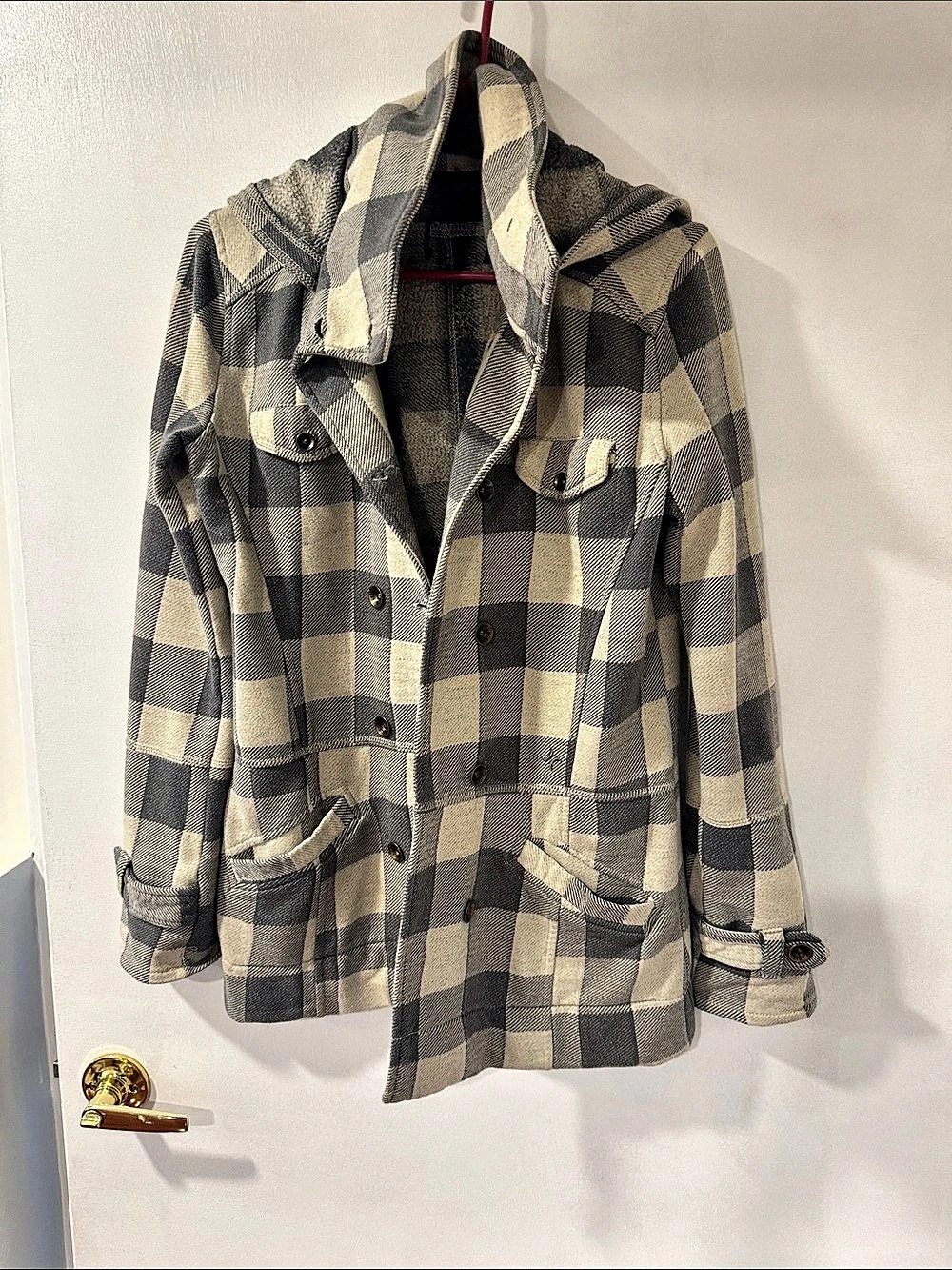 Hurley Women's Gray & Cream Plaid Hooded Utility Jacket